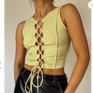12th Tribe Pale Yellow Ribbed Lace-Up Tank Top